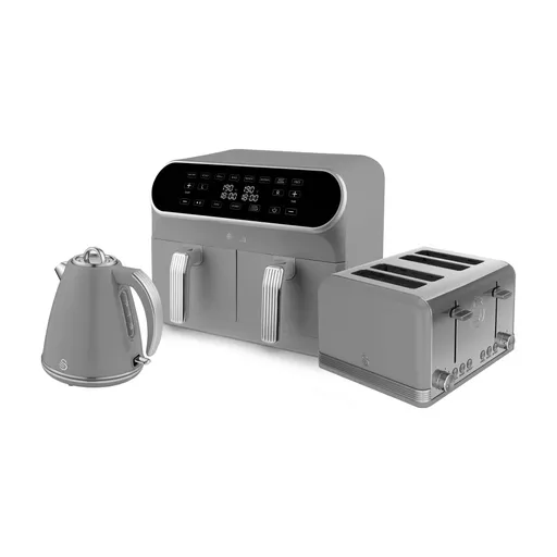 Retro 4 Slice Toaster, Cordless Kettle and Dual Air Fryer Bundle in Grey