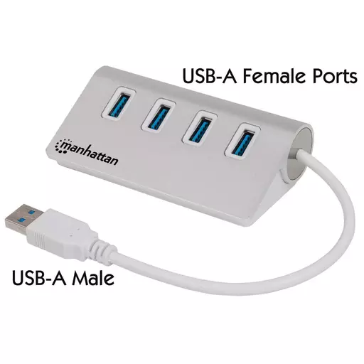 Manhattan USB-A 4-Port Hub, 4x USB-A Ports, 5 Gbps (USB 3.2 Gen1 aka USB 3.0), Bus Powered, Fast charging up to 0.9A, Equivalent to ST43004UA, SuperSpeed USB, Aluminium Housing, Windows and Mac, Silver, Three Year Warranty, Blister