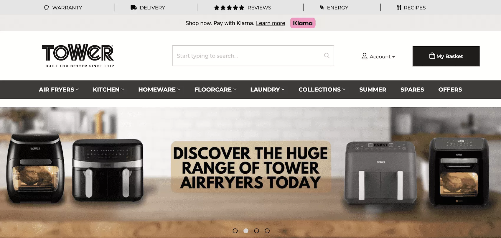 screenshot of tower housewares homepage