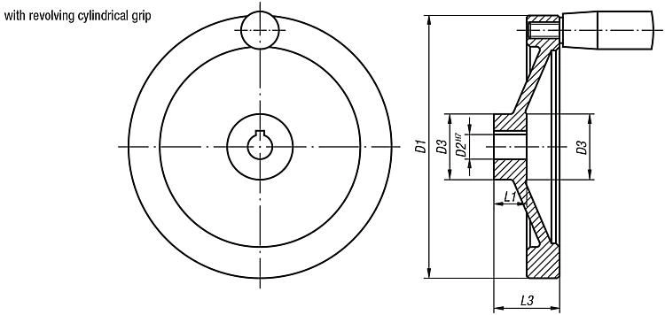 Disc Handwheel. Revolving Handle. 14mm H7 Reamed Hole. 125mm Overall Diameter. With Keyway. Aluminium.