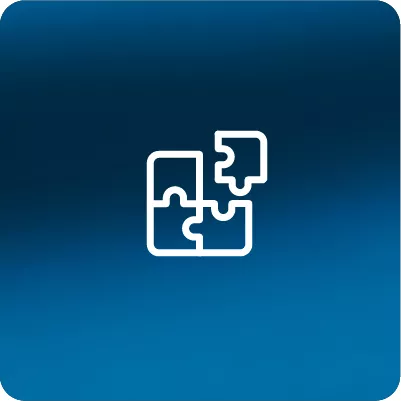 Blue gradient background with a white puzzle icon