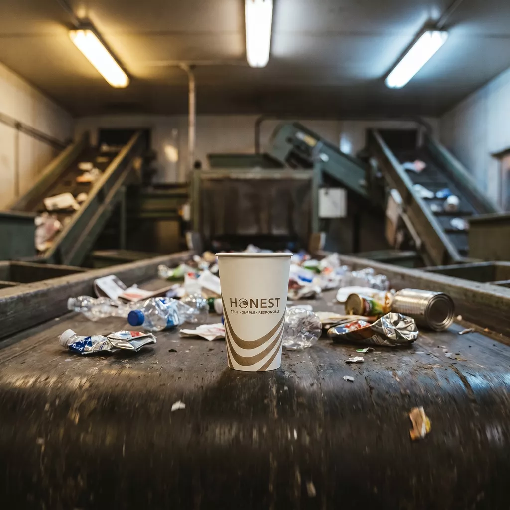 An HONEST cup on an industrial recycling conveyor belt
