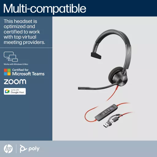 POLY Blackwire 3310 Monaural Microsoft Teams Certified USB-C Headset +USB-C/A Adapter