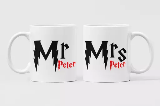 Matching Personalised Mr & Mrs mugs gift. Harry potter inspired present for couples