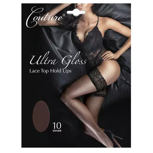 Sexy Black Gloss Lace Top Hold Up Stockings 10 Denier