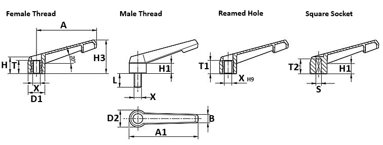 Non Adjustable Clamp Lever. 40mm Handle Length. M4 Thread.