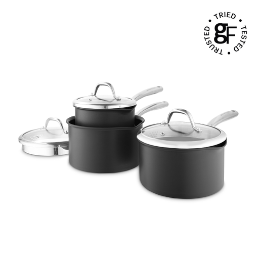 Good Food Hard Anodised 3 Piece Saucepan Set Grey