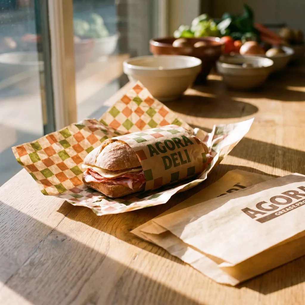 Custom printed branded greaseproof paper wrapping a deli sandwich on a cafe counter