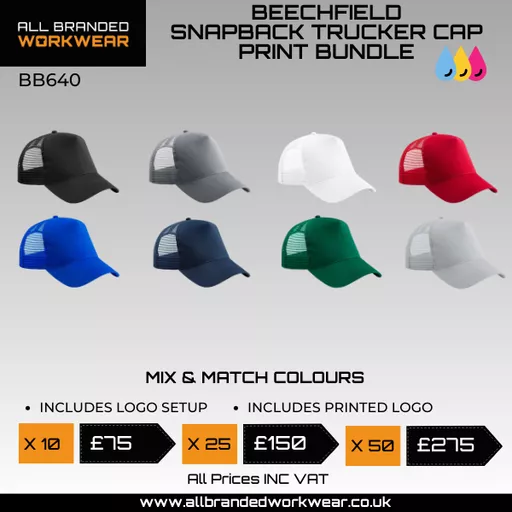 Printed Beechfield Snapback Trucker Cap Bundle