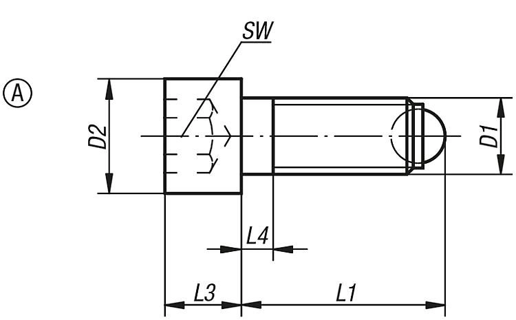BALL-END THRUST SCREW WITH HEAD, FORM:A WITH FULL BALL, M06, L=30,8, CARBON STEEL, COMP:BALL-BEARING STEEL