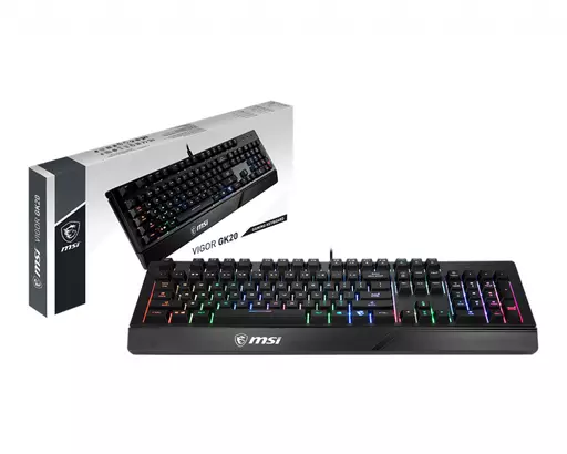 MSI VIGOR GK20 RGB Gaming Keyboard ' UK Layout, Membrane switches, Rainbow RGB Lighting effect, Ergonomic keycaps, Hotkeys for media and lighting control, water repellent keyboard design'