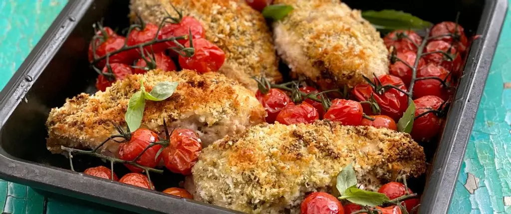 Roast Chicken and Pesto with Roast Vine Tomatoes