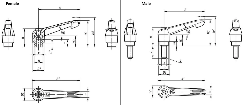 Clamp Lever. 80mm Handle Length. M10x50mm Steel Thread.