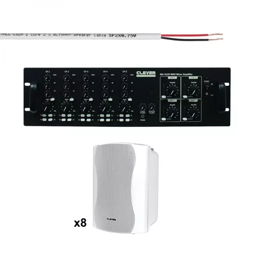 Clever Acoustics MA4120 & 8 Speaker 4 Zone Background Music System Bundle