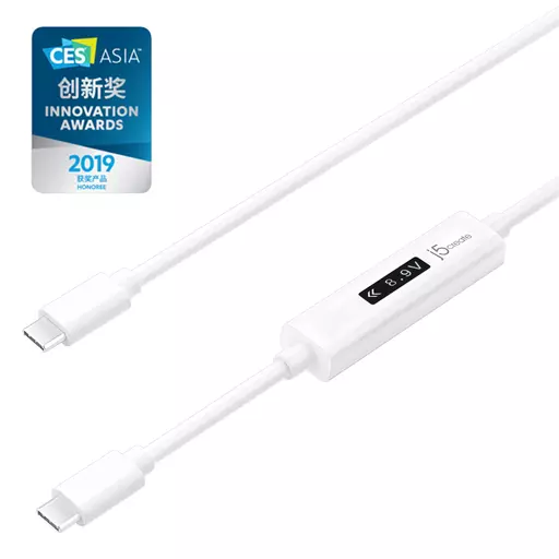 j5create JUCP14 USB-C™ 2.0 to USB-C™ Cable With OLED Dynamic Power Meter, White, 1.2 m