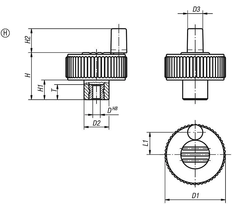 KNURLED KNOB WITH HANDLE SIZE:1, D1=40, FORM:M W.TRANSV.BORE, THERMOPLASTIC BLACK GREY RAL7021, COMP:STEEL