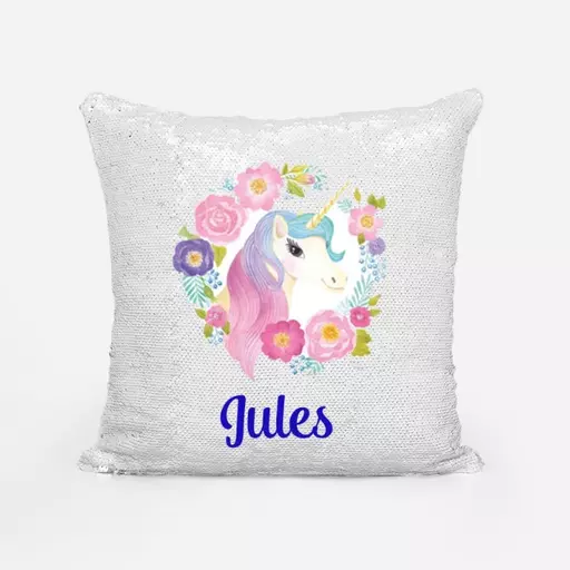 Custom unicorn sequin cushion. Glittery name gift that dazzles