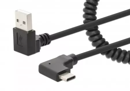 Manhattan USB-C to USB-A Cable, 1m, Male to Male, Black, 480 Mbps (USB 2.0), Tangle Resistant Curly Design, Angled Connectors, Ideal for Charging Cabinets/Carts, Hi-Speed USB, Lifetime Warranty, Polybag