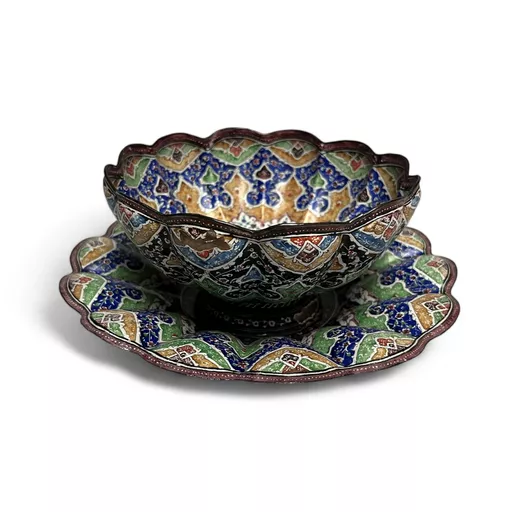 A North Indian Enamel Patterned Dish and Bowl