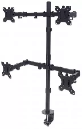 Manhattan TV & Monitor Mount, Desk, Double-Link Arms, 4 screens, Screen Sizes: 10-27", Black, Stand or Clamp Assembly, Quad Screens, VESA 75x75 to 100x100mm, Max 8kg (each), Lifetime Warranty