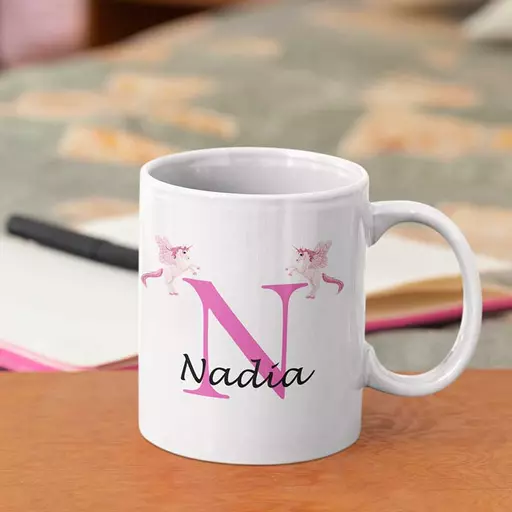 Personalised Unicorn Mug For Her- Initial N & Name