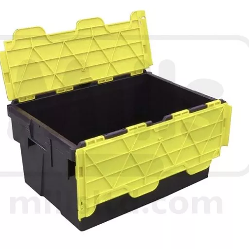 Attached Lid Box 600x400x306mm 55L Black Box with Yellow Lid