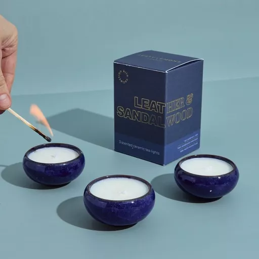 Contemporary Navy Kiln Tea Lights – Leather & Sandalwood