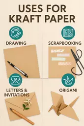 A collage showing uses for brown kraft paper, including handwritten notes, printed menus, wrapping gifts, and craft projects