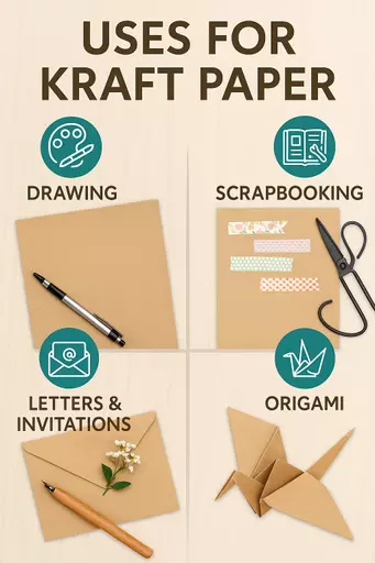 A collage showing uses for brown kraft paper, including handwritten notes, printed menus, wrapping gifts, and craft projects