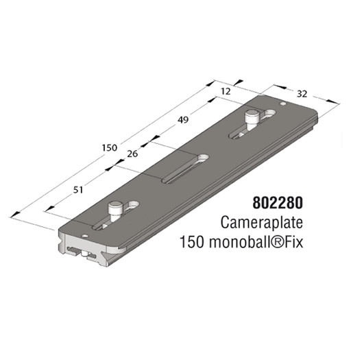 Arca Swiss MonoballFix 150 plate with 3 1/4 "fasteners, Length 150mm x Width 32 mm; center distance 20-126mm