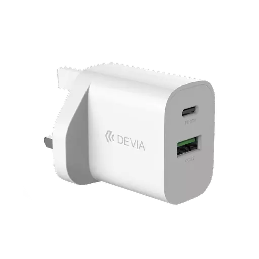 Devia - 20W Dual USB-C Power Delivery & Qualcomm 3-Pin UK Charging Plug - White