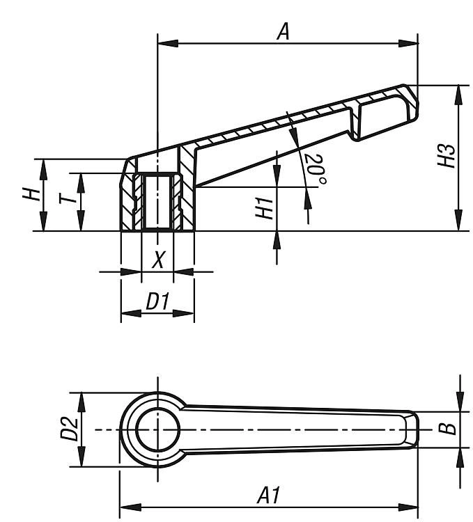 Non Adjustable Clamp Lever. 40mm Handle Length. M4 Thread.