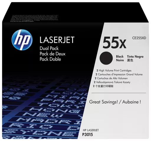 HP CE255XD/55X Toner cartridge black high-capacity twin pack, 2x12.5K pages ISO/IEC 19752 Pack=2 for HP LaserJet P 3015