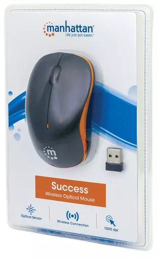 Manhattan Success Wireless Mouse, Black/Orange, 1000dpi, 2.4Ghz (up to 10m), USB, Optical, Three Button with Scroll Wheel, USB micro receiver, AA battery (included), Low friction base, Three Year Warranty, Blister