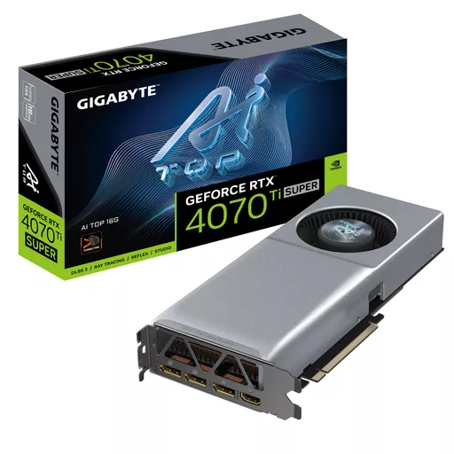 GIGABYTE GeForce RTX 4070 Ti SUPER AI TOP 16G Graphics Card - 16GB GDDR6X, 256bit, PCI-E 4.0, 2610MHz Core Clock, 3 x DisplayPort 1.4a, 1 x HDMI 2.1a, NVIDIA DLSS 3, GV-N407TSAI TOP-16GD