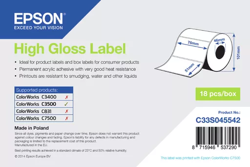 Epson C33S045542 Format-etikettes die-cut 76mm x 51m 610 Pack=1 for Epson TM-C 3500