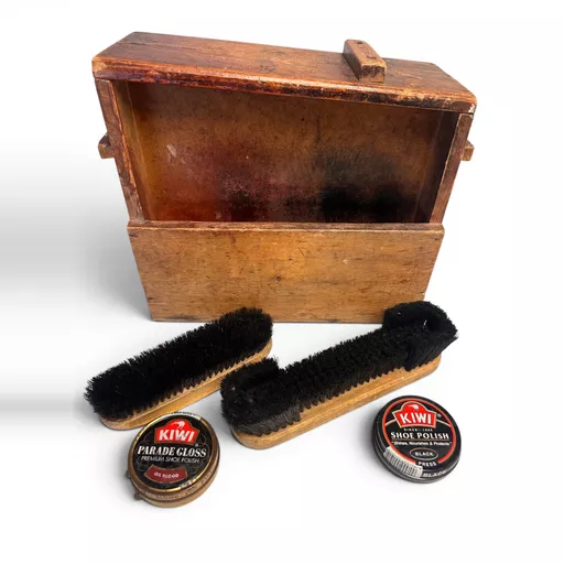Vintage 1950s Shoeshine Wooden Box, Brushes & Kiwi Polish