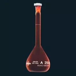 Volumetric Flask 500ml Amber Tint with PE Stopper and Blue Neck PK 12