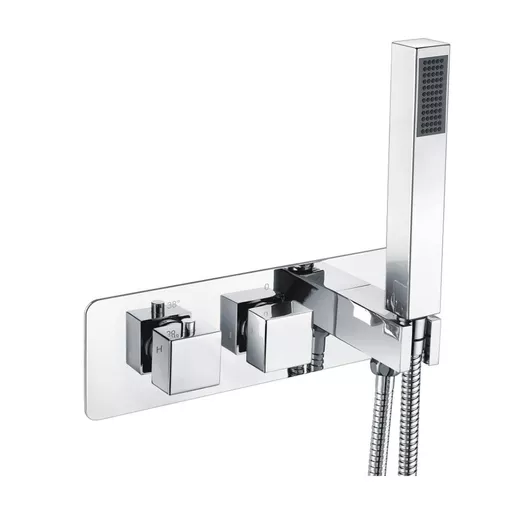Square Horizontal Thermostatic Shower Valve with Shower Handset, Hose & Holder - Chrome