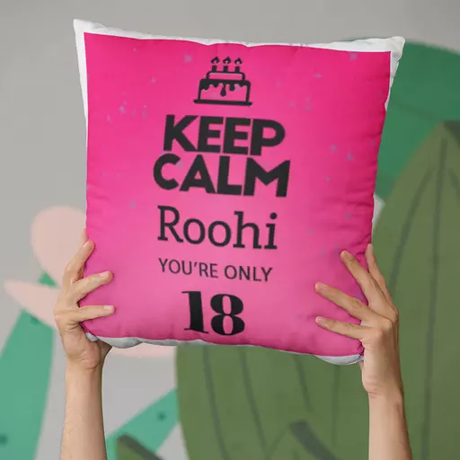 Keep Calm You're Only (AGE) - Personalised Birthday Cushion on Pink Fairy-Lights Design