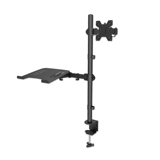 Manhattan TV & Monitor & Laptop Combo Mount, Desk, Full Motion, 1 screen, Screen Sizes: 10-27", Laptop up to 17", Black, Clamp Assembly, VESA 75x75 to 100x100mm, Max 8kg, Lifetime Warranty