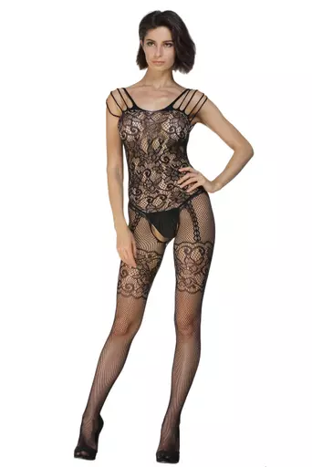 Sexy Strappy Black Floral Open Crotch Body Stocking