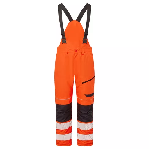 SYS810-ON-System-Hi-Vis-Eco-Orange-Navy-Thermal-Waterproof-Trouser-with-Shoulder-Straps-Front With Segmented Tape.png