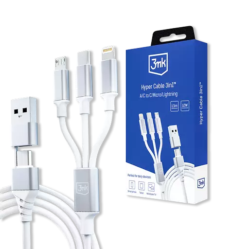 3mk - Hyper Cable - 1.5M USB-A/C 3in1 Charging Cable (USB-C / Micro-USB / Lightning) (White)