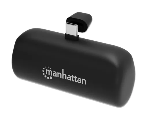 Manhattan Power Bank with integrated USB-C plug, 5000 mAh, Up to 10W output, Kickstand for Use as Charging Phone Holder, Black