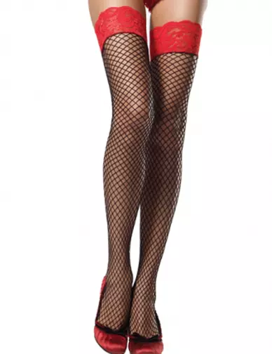 Sexy Black Fishnet Stockings Red Lace Top, Sizes 8-22