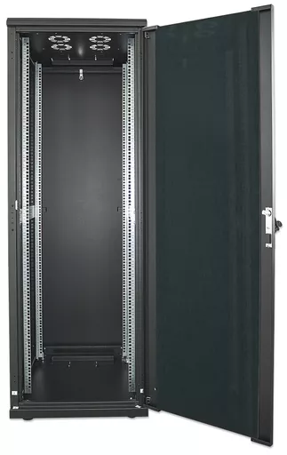 Intellinet Network Cabinet, Free Standing (Standard), 42U, Usable Depth 123 to 573mm/Width 703mm, Black, Flatpack, Max 1500kg, Server Rack, IP20 rated, 19", Steel, Multi-Point Door Lock, One Lock Per Side Panel, Three Year Warranty