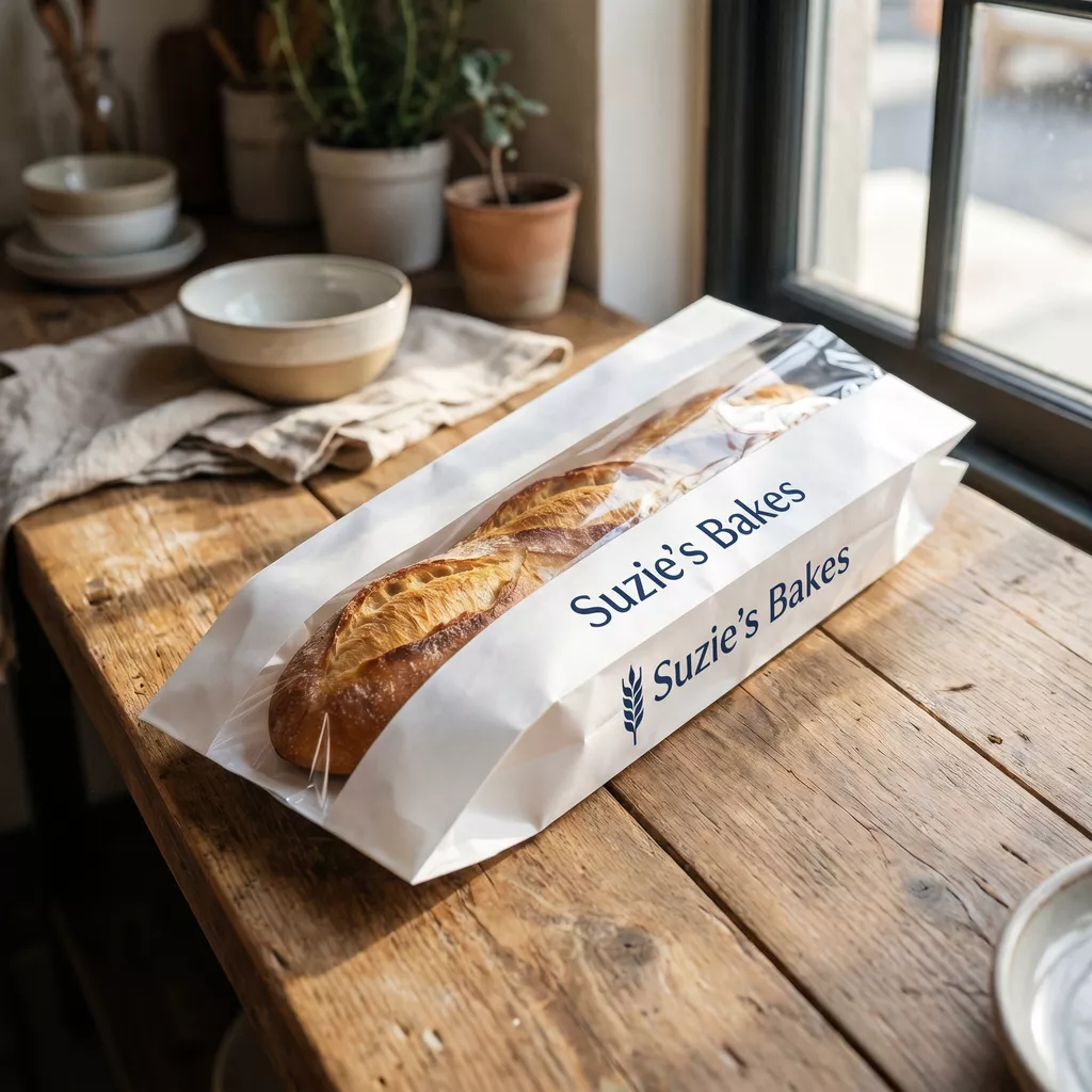 Custom printed film front baguette bag with branded design and baguette visible through clear window