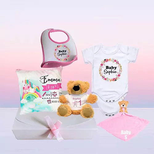 Personalised Baby Hamper - Cushion, Baby Grow, Bib, Teddy Bear and a Comforter