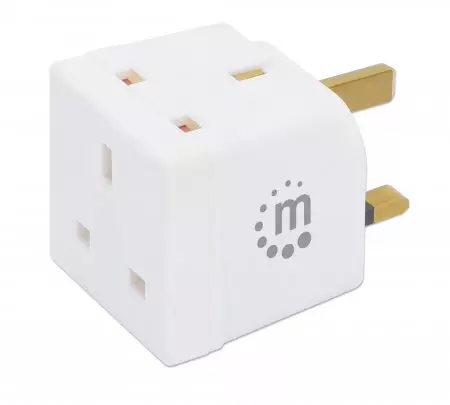 Manhattan UK Double Plug Adaptor, x2 output (2-way), Plug Socket, White, Three Year Warranty